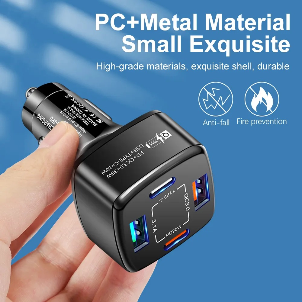 Dual USB Car Charger Quick Charge 3.0 Auto Charger 4 Ports 2USB Type-C PD 38W Car Charger Fast Charging Adapter for Phone