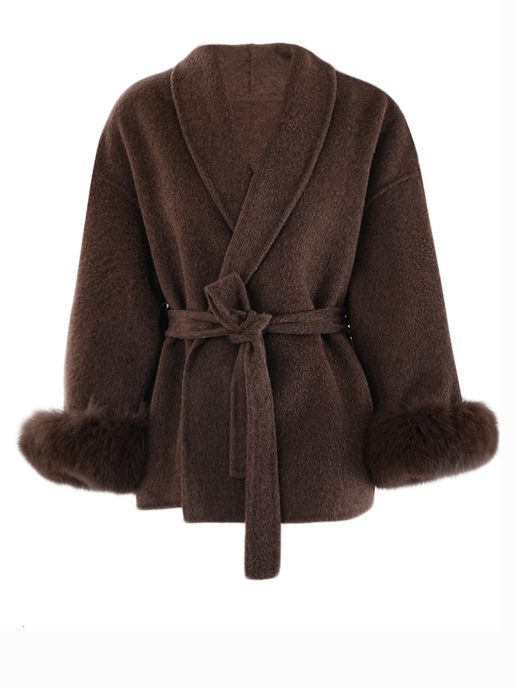 EAM Wine Red Fur Cuff Big Size Belted Woolen Coat New Lapel Long Sleeve Women Jacket Fashion Tide Autumn Winter 2024 Cpg2347