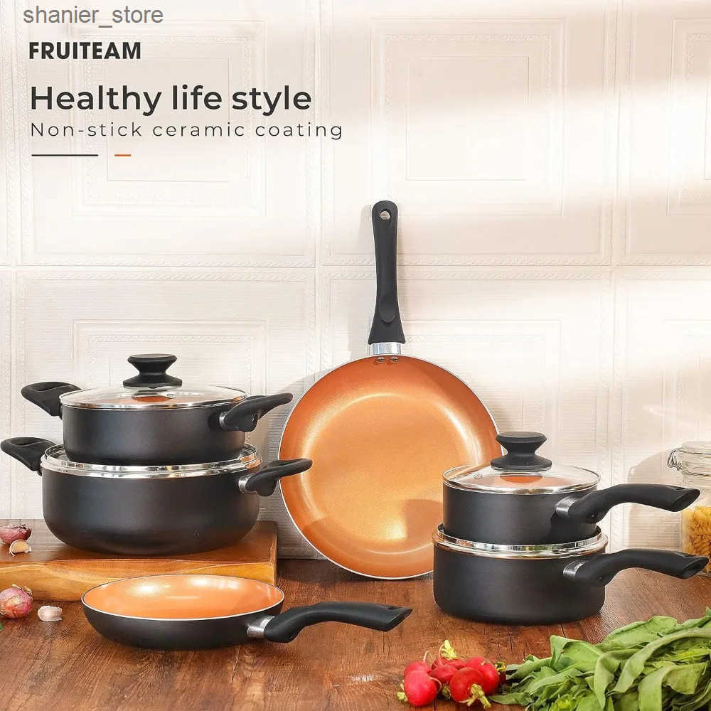 Pans 10 piece kitchenware set ceramic tick free soup pot milk pot and frying pan set copper aluminum pot with lid L240910