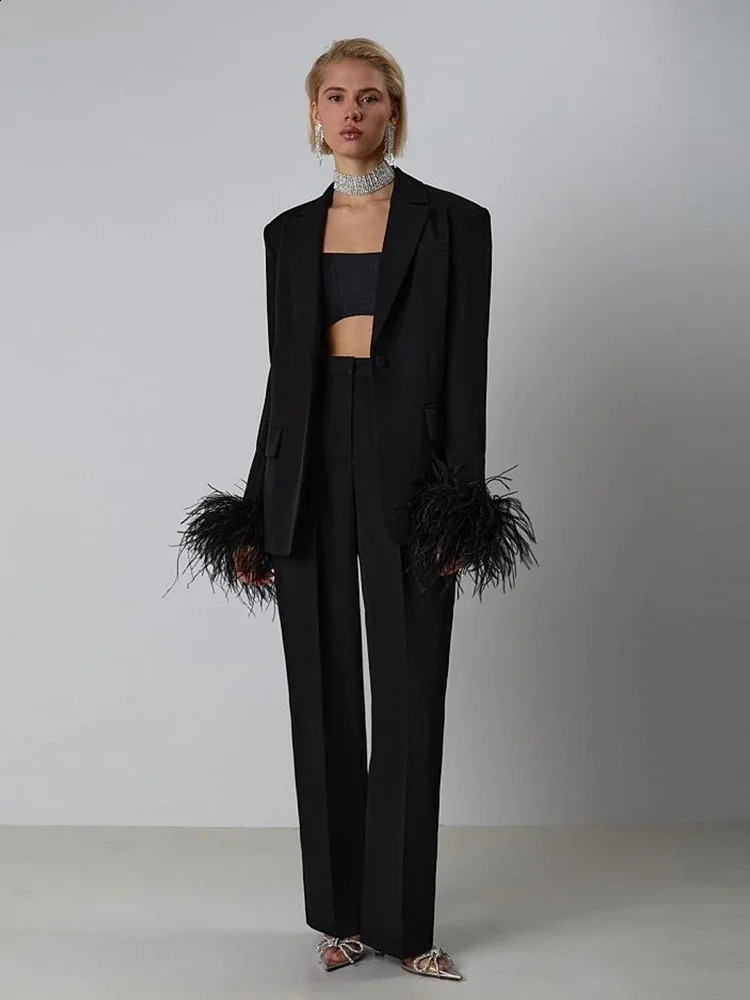 Sexy Feathers Blazer PantSuit Women Black Rose Red Feather Long Sleeve Blazer JacketHihg Waist Pants Two Piece Sets Party Suits 241203