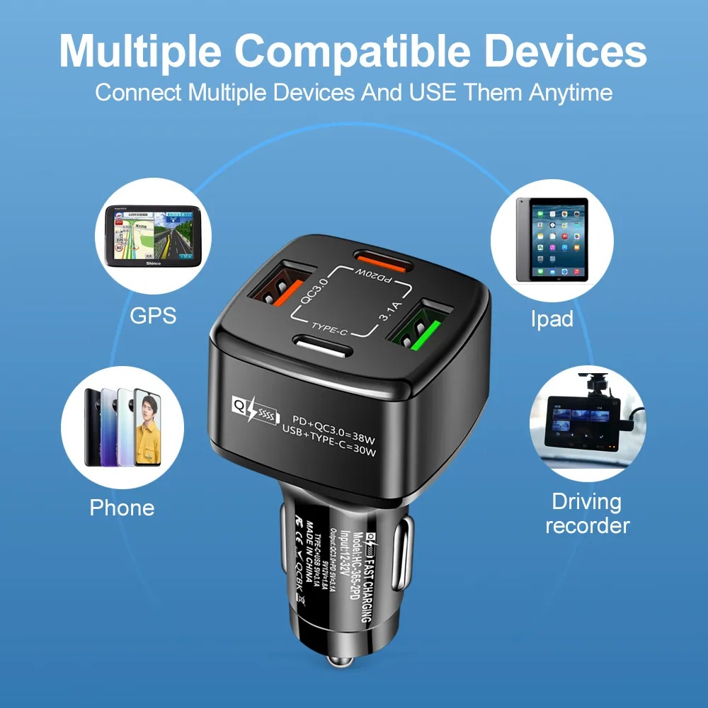 Dual USB Car Charger Quick Charge 3.0 Auto Charger 4 Ports 2USB Type-C PD 38W Car Charger Fast Charging Adapter for Phone