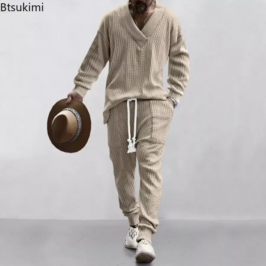 Mens Knitted Set Long Sleeve V-neck Shirt and Drawstring Pants Set Pocket Mens Solid Knitted 2-piece Set 241203