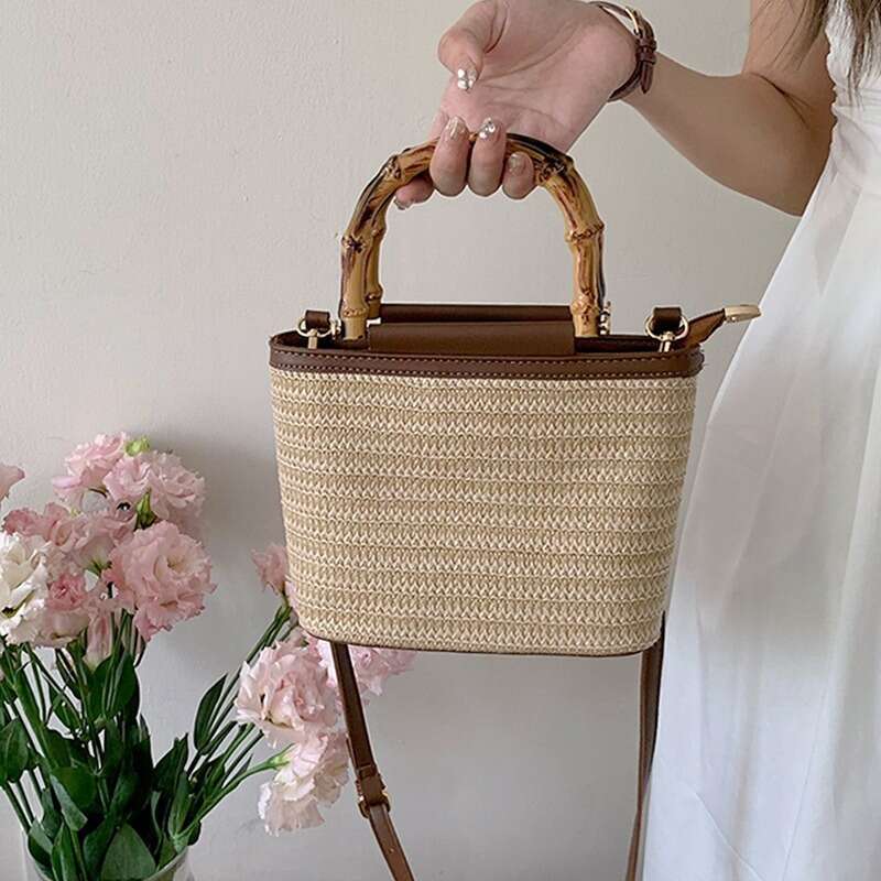 2024 summer new niche crossbody small women, high-end texture hand-held grass woven bucket bag for women