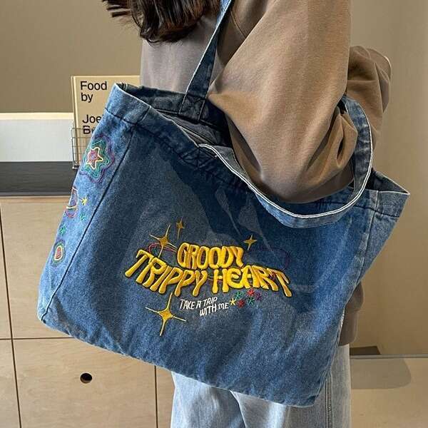 Lazy Style Large Capacity Canvas Women's Washed Denim Cloth Tote Bag For Students Commuting To School Backpack