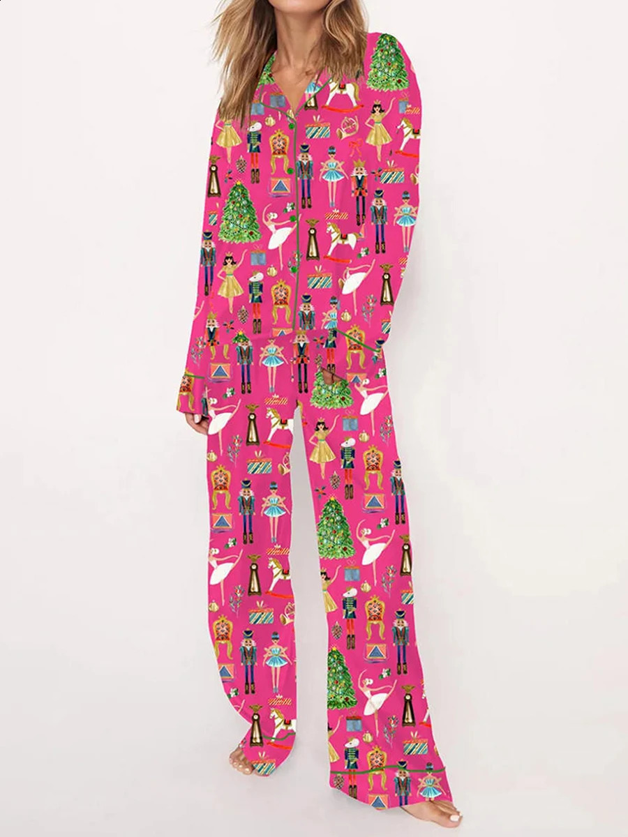 Comfortable satin Christmas pajama set for women with nutcracker long sleeved shirt lounge set two-piece set Pjs pants pajamas 241203