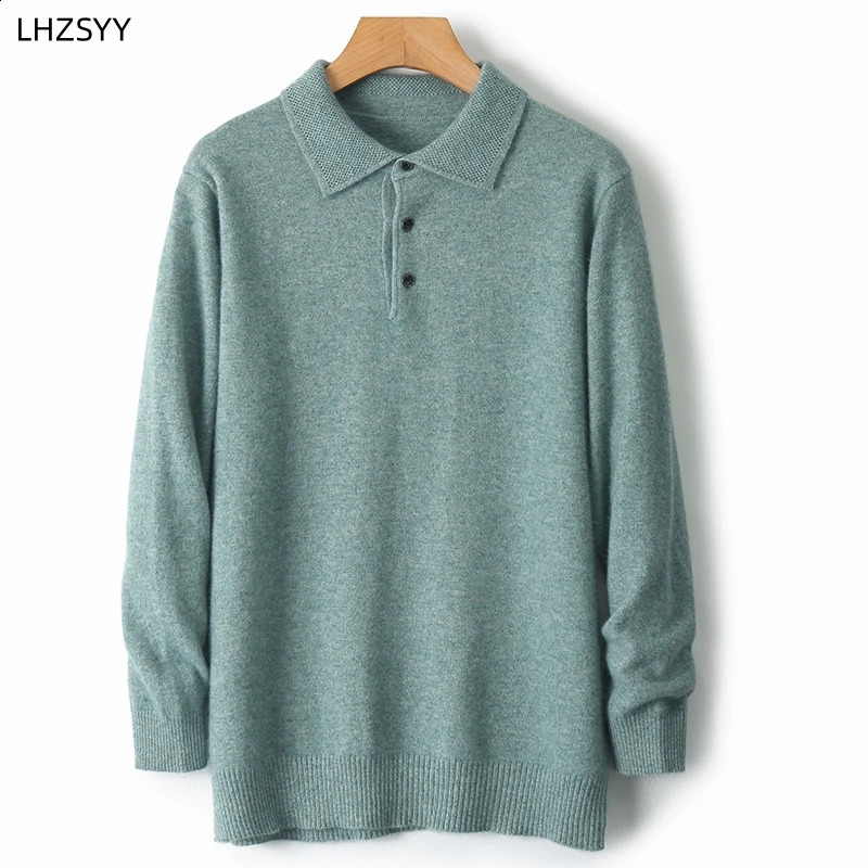 LHZSYY 100% Merino wool open collar wool mens lapel long sleeved polo neck sweater loose top knitted plus size shirt 241203