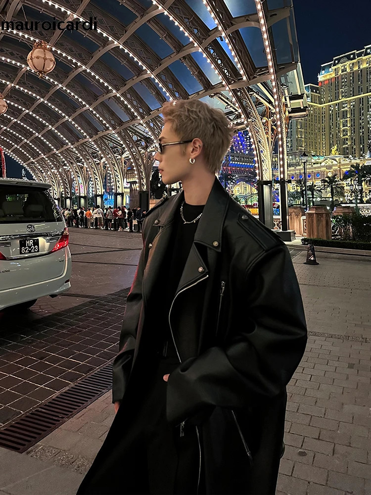 Mauroicardi Spring and Autumn Ultra Thin Black Pu Leather Trench Coat Mens Zipper Loose European Fashion 241203