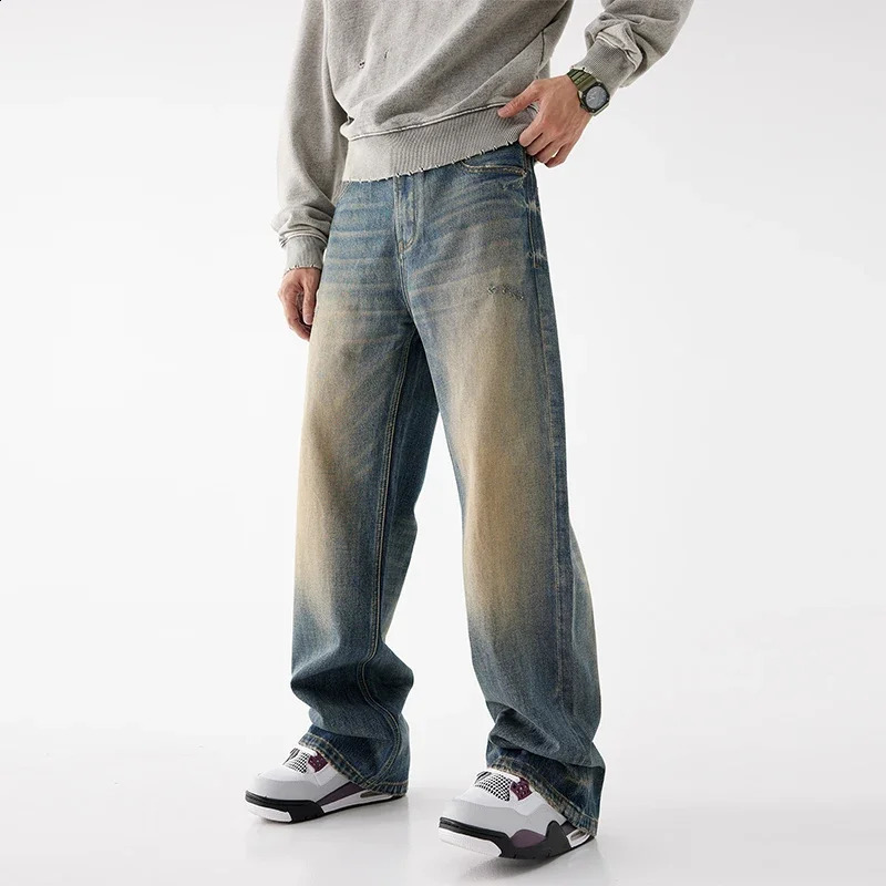 Young Mens Loose Jeans Street Hip Hop Baggy Wide Leg 100% Cotton Pants Y2k Pop Pants Harajuku Style Tear Jeans 241203