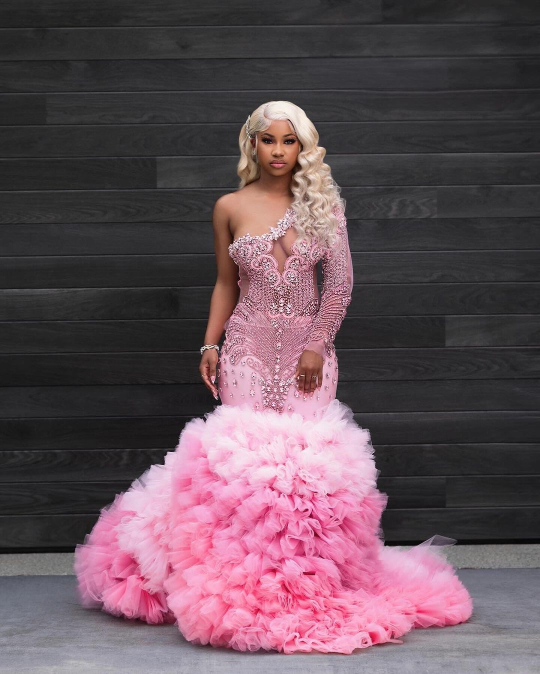 Pink Mermaid Prom Dresses 2024 Rhinestones One Shoulder Tiers Tulle Evening Formal Party Second Birthday Engagement Gowns Plus Size Dress For Special 