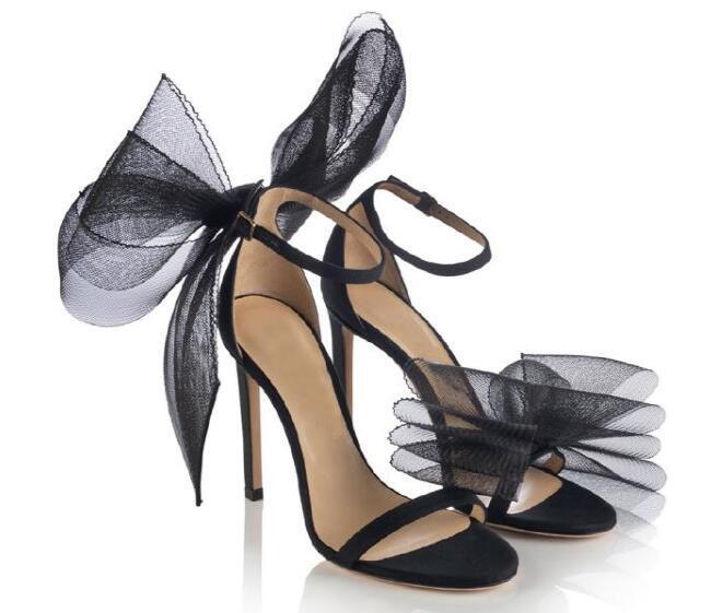 Drop Shipping White Black Lace Big Bows Woman Open Toe 8 10 Cm Stiletto Heels Butterflies One E Buckle Sandals Shoes