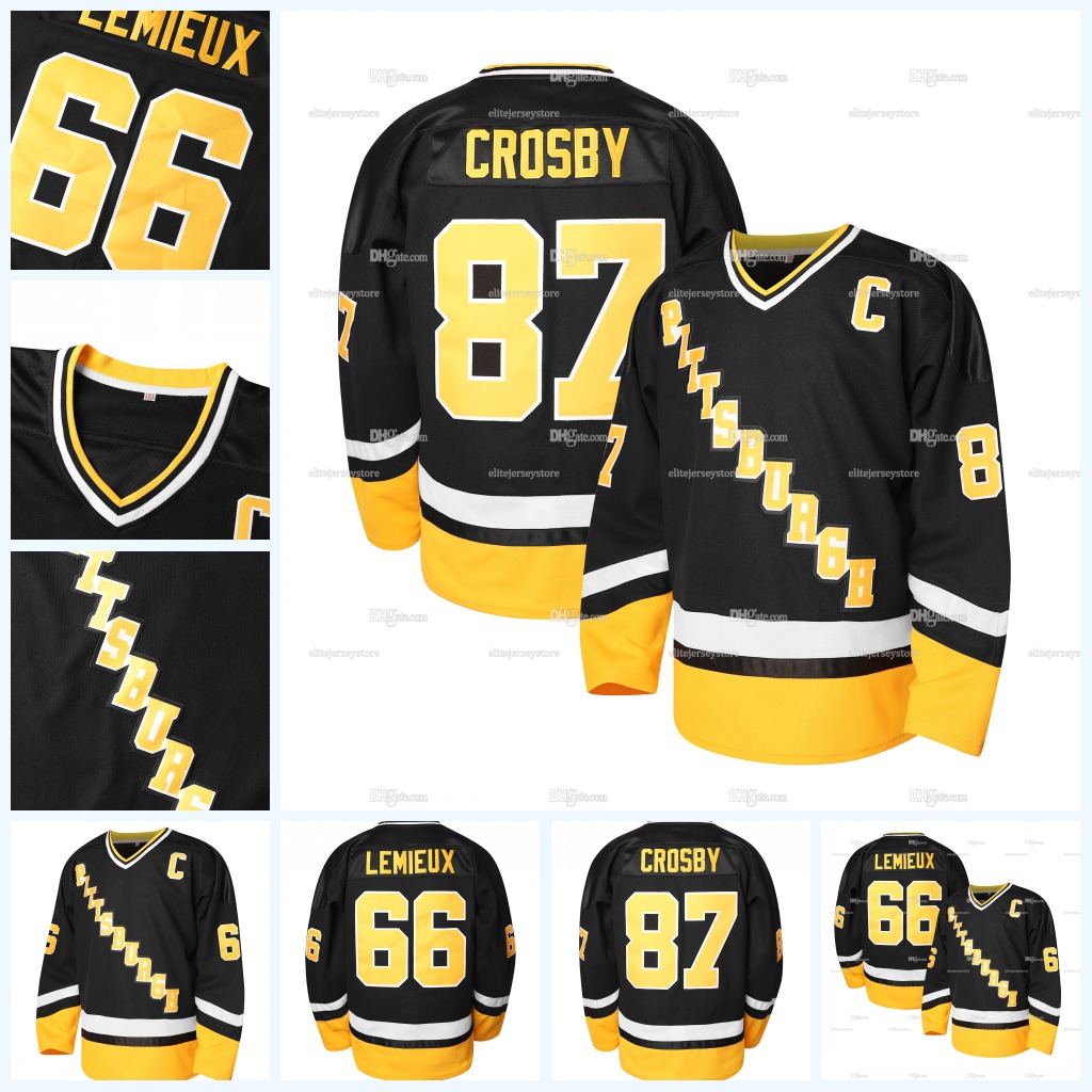 In Stock 87 Crosby 66 Lemieux Black Hockey Jersey Classic Retro Style Sportswear 100% Stitched Fast Shipping Embroidered Letter Number Design