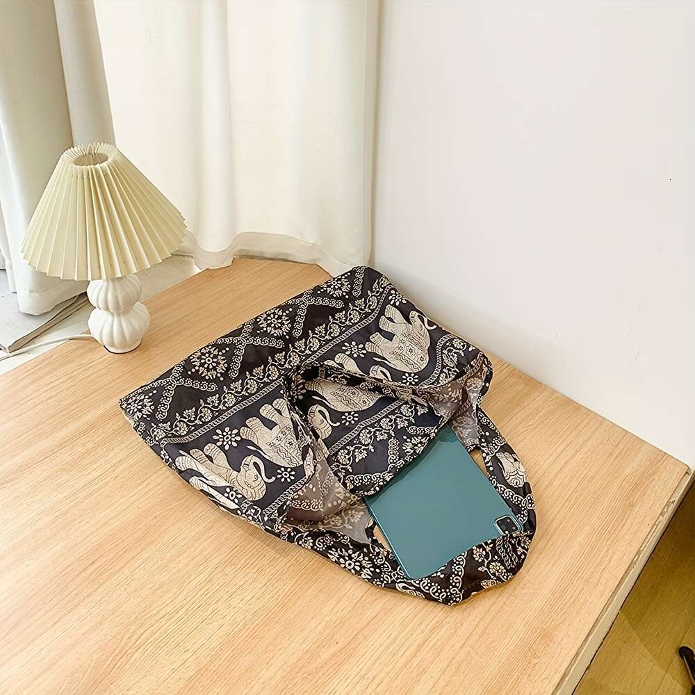 Elephant pattern shopping foldable shoulder bag, women's large capacity tote bag