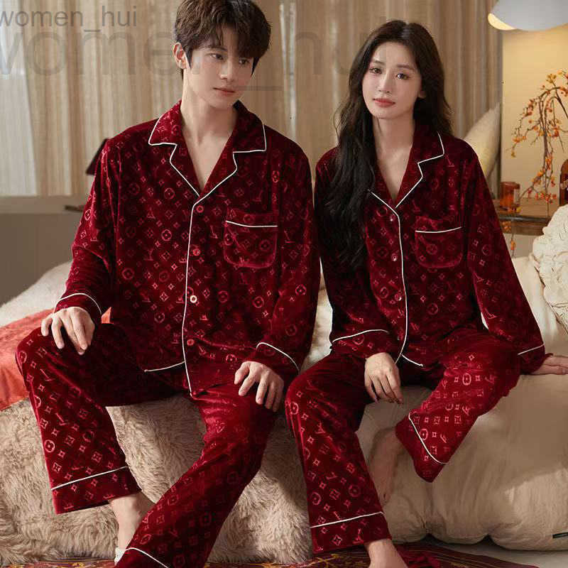 Women's Sleepwear designer Spring and autumn golden velvet pajamas men's advanced sense of light luxury red burst long-sleeved trousers couple women's