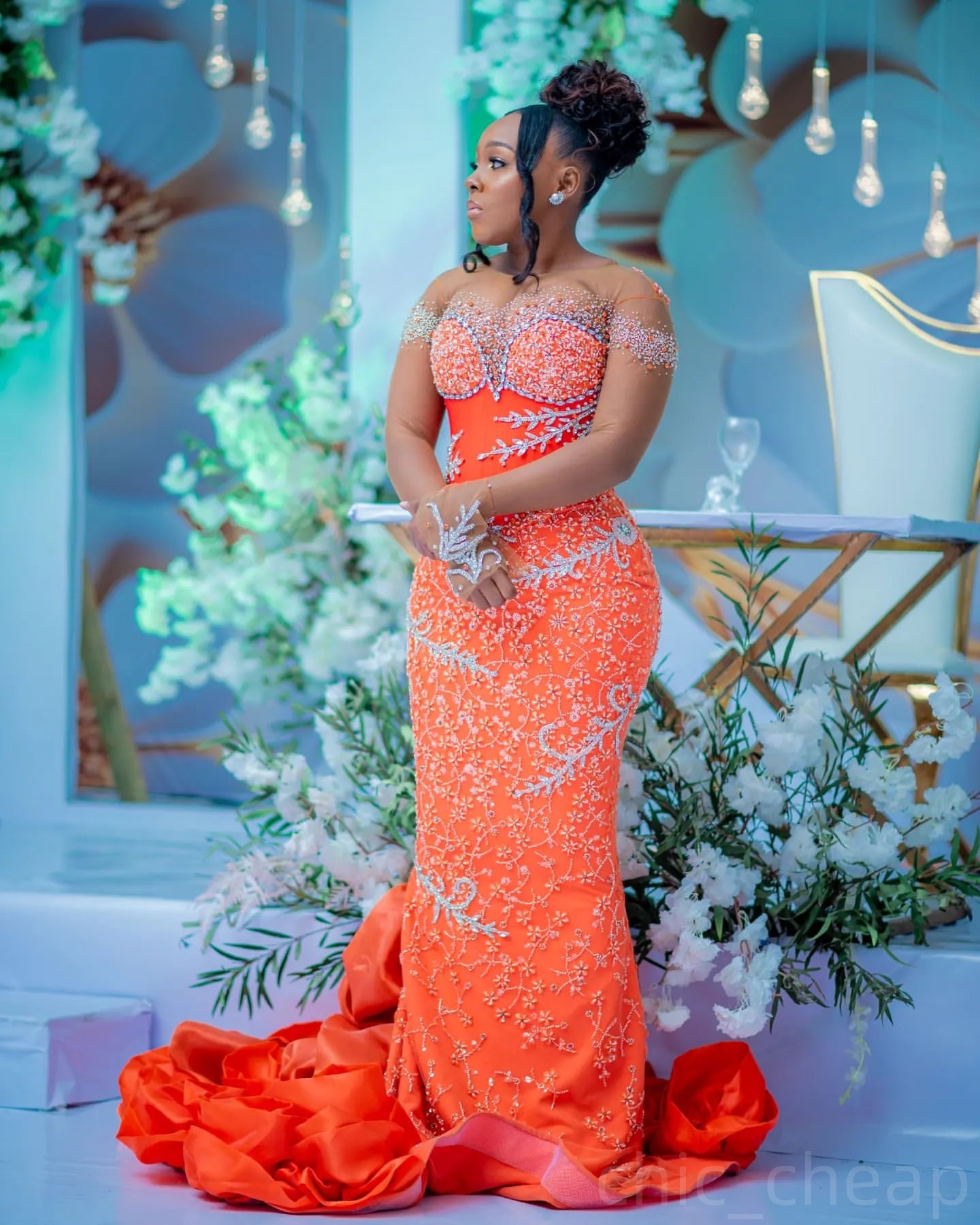 Orange Mermaid Prom Dresses 2024 Beaded Sheer Neck Sequined Lace Evening Formal Party Second Birthday Engagement Gowns Plus Size Dress For Special Occ