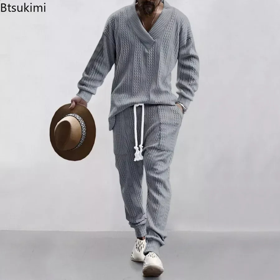 Mens Knitted Set Long Sleeve V-neck Shirt and Drawstring Pants Set Pocket Mens Solid Knitted 2-piece Set 241203