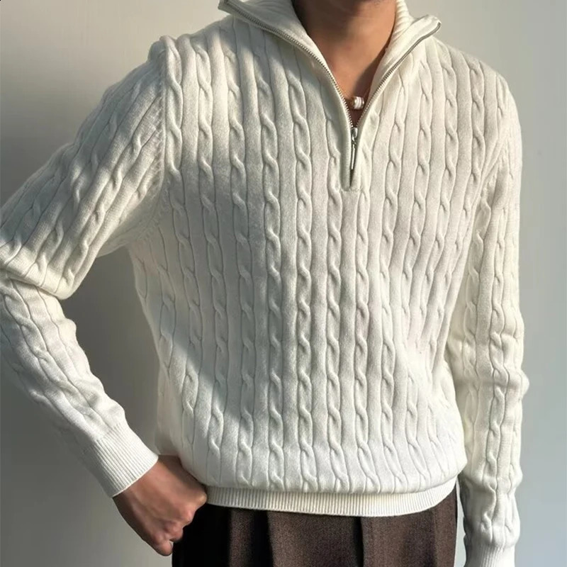Streetwear Fashion Sweater Mens Polo Sweater Knitted Long Sleeve Zipper Collar Knitted Jumping Top Mens Spring and Autumn Retro Sweater 241203