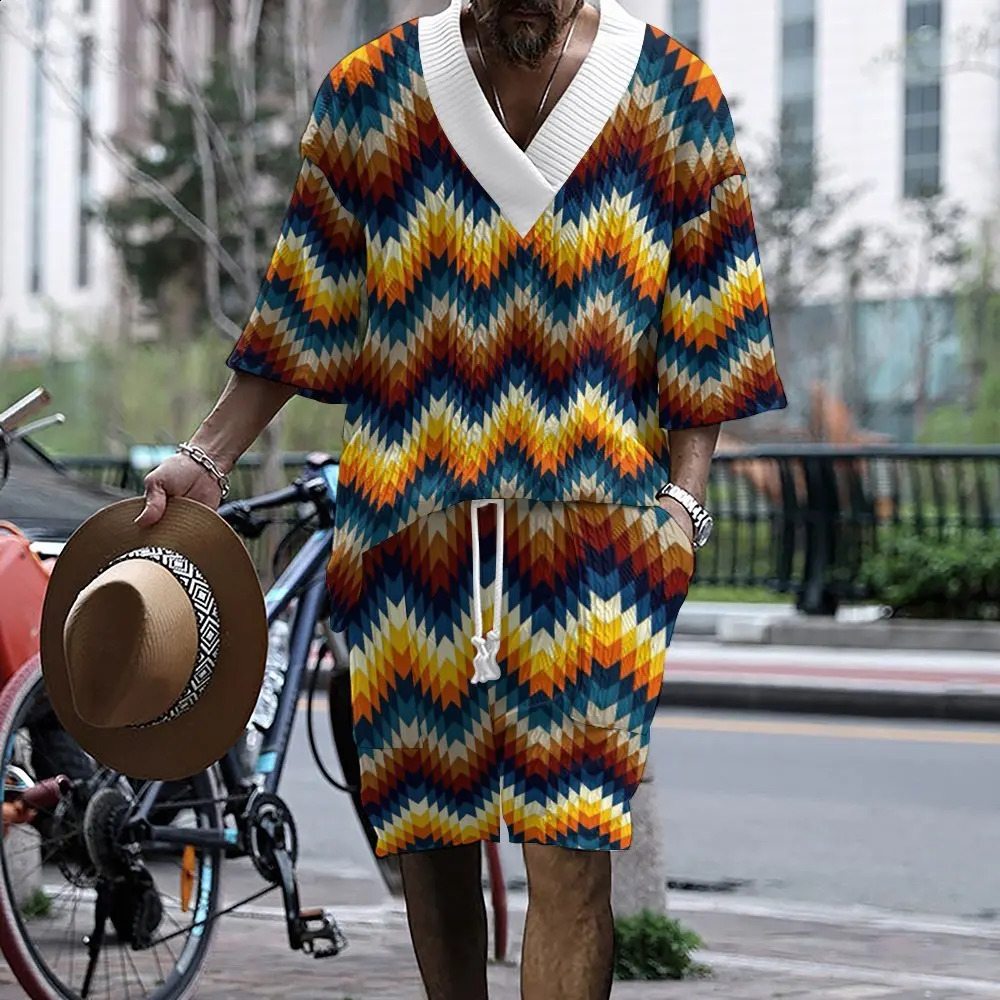 High Quality Knitted Mens Set Summer V-neck Half Sleeve T-shirt and Shorts Two Casual Striped 3D Mens Clothing 241203