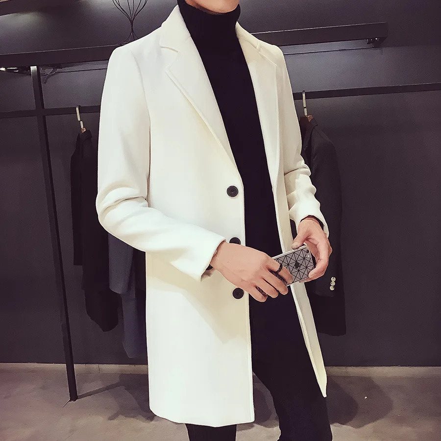 Autumn and winter slim fit mens long wool coat with single chest collar street fashion business trench coat for mens wear 241203