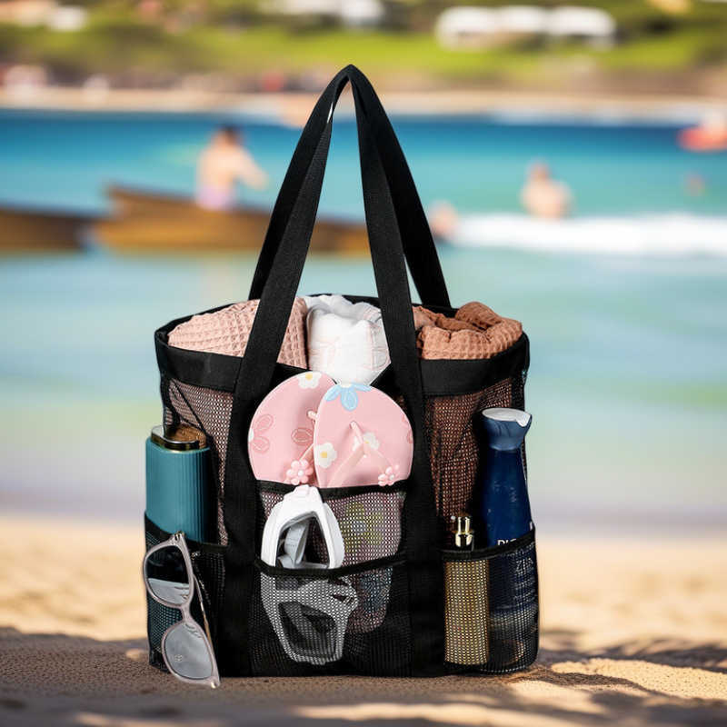Beach Bag, Polyester Mesh Wash Bag, Foldable Beach Travel and Vacation Storage Bag