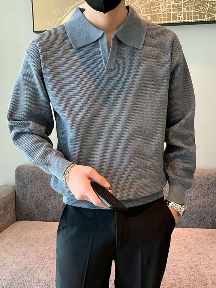 mens collar sweater autumn long sleeved solid color knitted polo shirt mens retro skydiving top streetwear sweater 241203