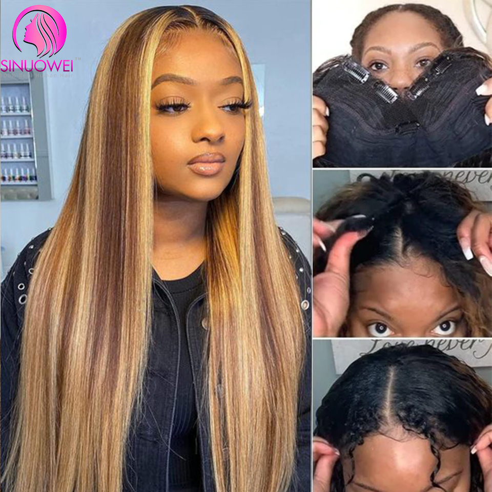 Sinuowei Highlight Part Human Hair Brazilian Straight V Shape No Glue Wig 10-28 Inches For Black Woman