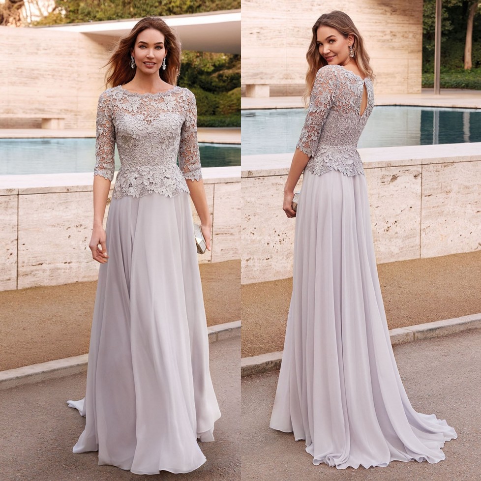 Lace Elegant Mother Of The Bride Dresses With Half Sleeves Bateau Necke Wedding Guest Dress Or Length Chiffon Evening Gowns