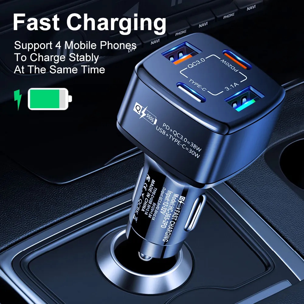 Dual USB Car Charger Quick Charge 3.0 Auto Charger 4 Ports 2USB Type-C PD 38W Car Charger Fast Charging Adapter for Phone