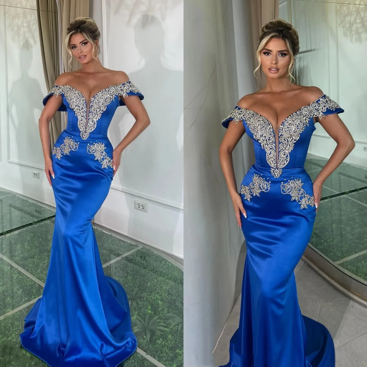 Royal Blue Satin Crystal Beading Prom Dresses Off Shoulder Slim Mermaid Party Short Sleeve Backless Evening Ocn Gowns Custom Made Vestidos de