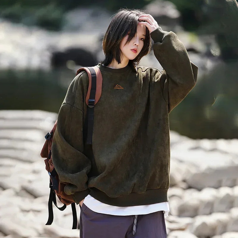 TFETTERS Chamois Mens Wool Leather Sweatshirt Autumn Winter Warm O-neck Couple Pull Out Outdoor Fashion Mens Wear 241203