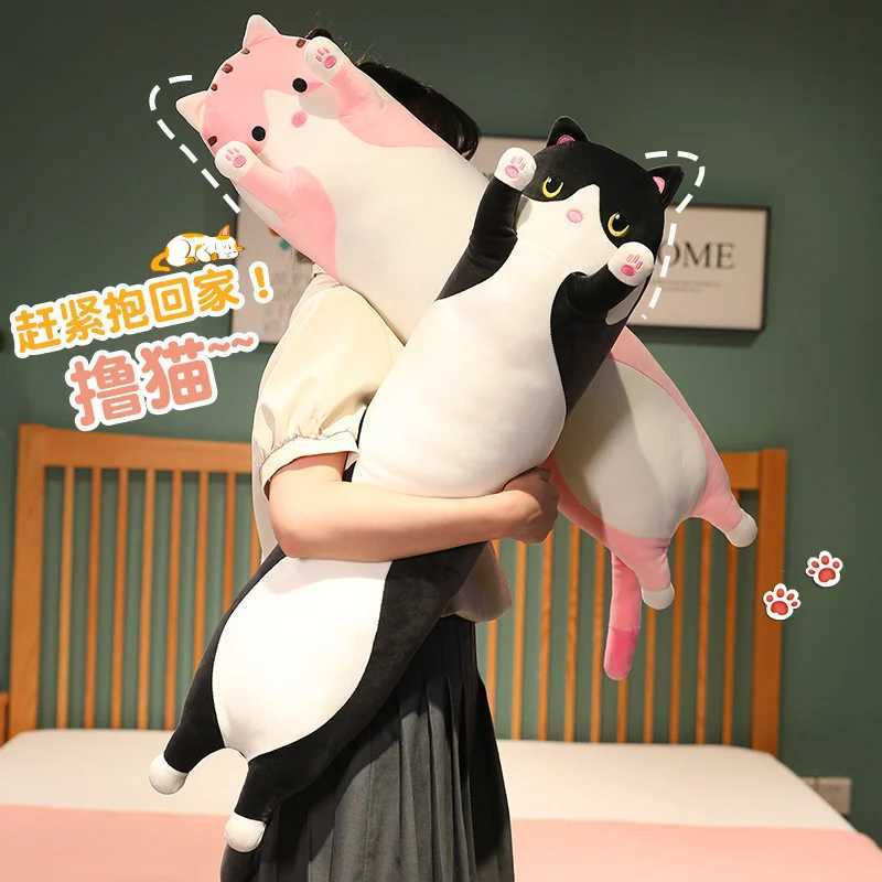 Soft long cat throw pillow rests on the waist of the cute cat stuffed toy bed with legs stuffed doll holiday giftXJ241204