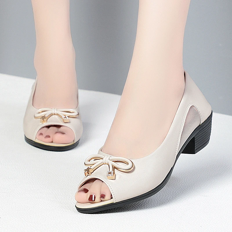 AIYUQI Summer Sandals Women Wedges Genuine Leather Mom Sandals Fish Mouth Mid-heel Large Size Women's Sandals