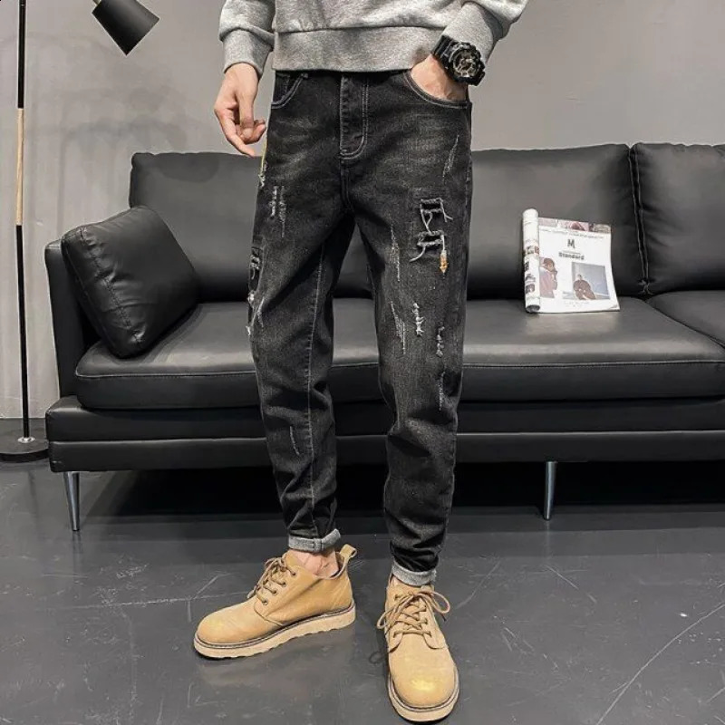 Mens Jeans Cargo with Openings Black Tear Mens Jeans Cone Break Korean Trouser Cotton Soft Trend Xs 241203