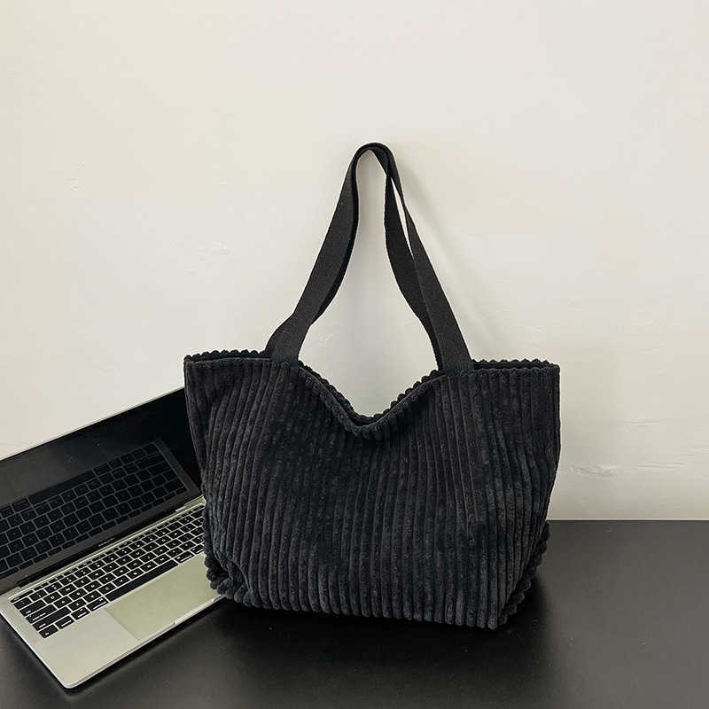 Simple and Casual Japanese Korean Tote Bag for Autumn Winter, New Large with Capacity, Single Shoulder, Hand-held, Vertical Stripe Velvet Cloth 241204