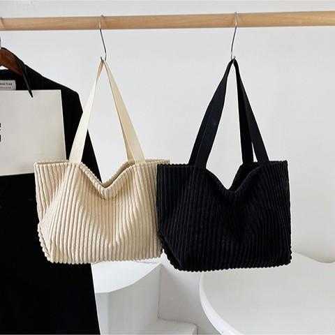 Simple and Casual Japanese Korean Tote Bag for Autumn Winter, New Large with Capacity, Single Shoulder, Hand-held, Vertical Stripe Velvet Cloth 241204