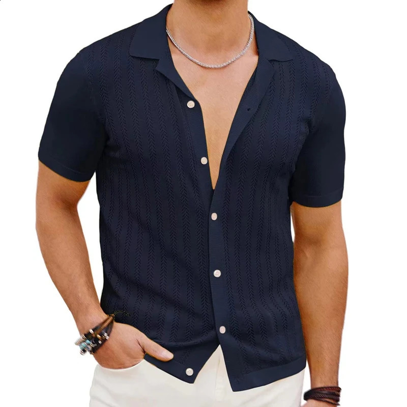 Mens summer short sleeved polo shirt knitted striped solid color breathable cardigan mens streetwear casual polo shirt 241203