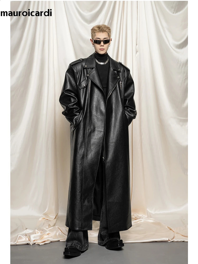 Mauroicardi Spring and Autumn Ultra Thin Black Pu Leather Trench Coat Mens Zipper Loose European Fashion 241203