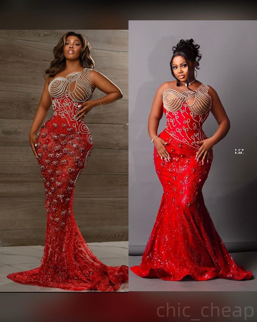 Red Mermaid Prom Dresses 2024 Rhinestones Sheer Neck Sequined Lace Evening Formal Party Second Birthday Engagement Gowns Plus Size Dress For Special O