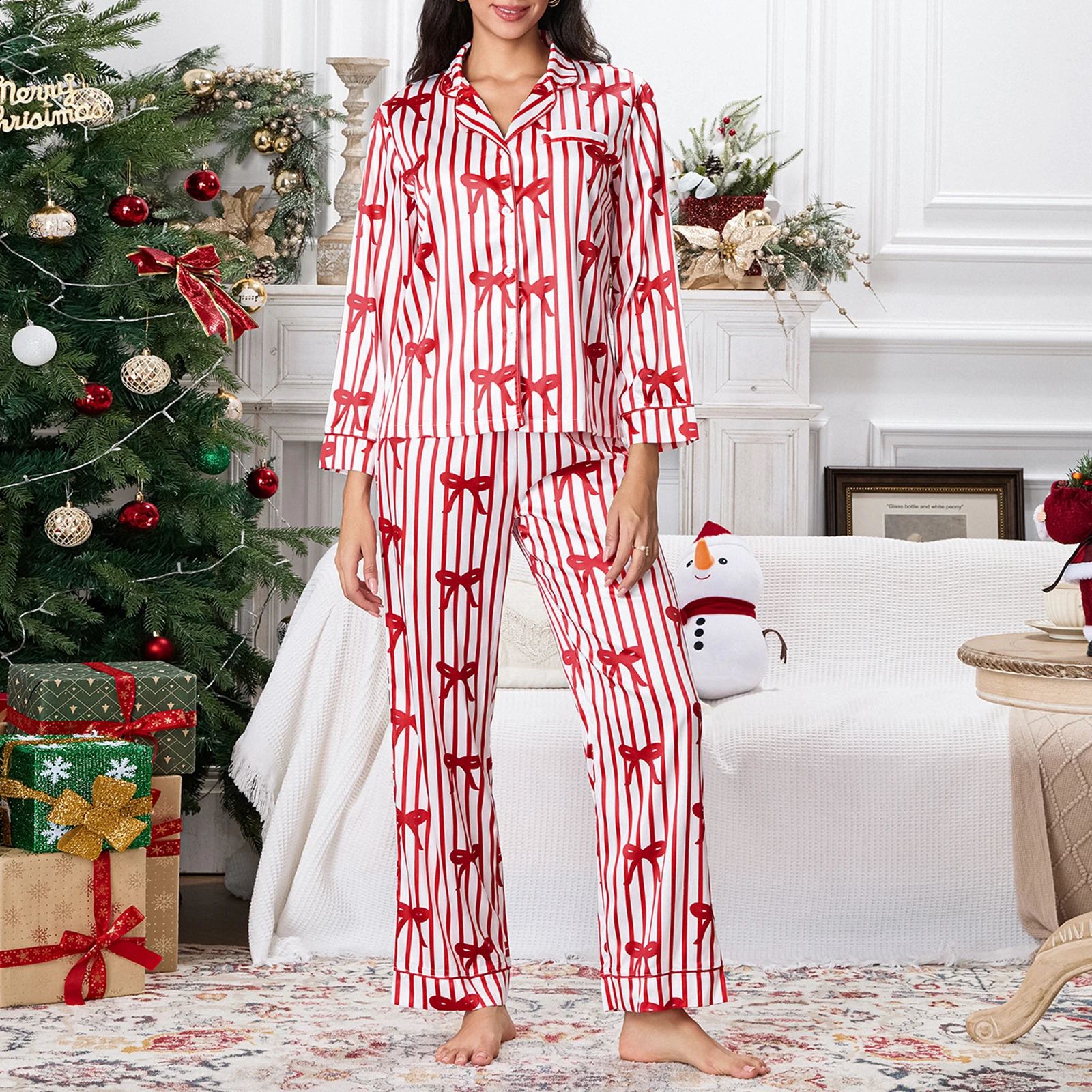 Hirigin Womens 2-piece Christmas Pajama Set Long Sleeve Striped Printed Button TopPants Set Casual Wear 241203