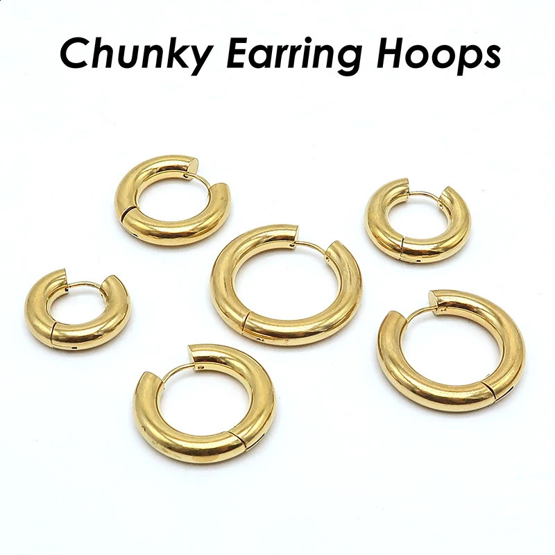 20 Pieces x Chunky Earring Hoops 5mm Thick Stainless Steel Hoop Earring Gold Color Black Huggie Earrings For Women or Men 241203