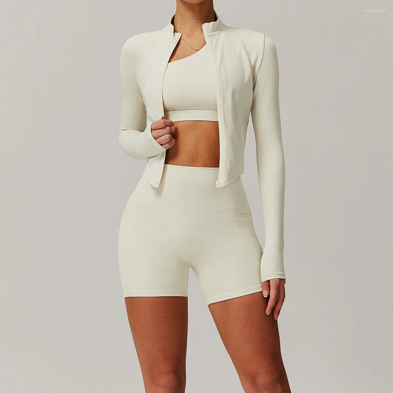Active Sets 2PCS Yoga Set Women Sportswear Fitness Gym Clothes Crop Sports Workout High Waist Leggings Long-sleeved Jacket Shorts Suit 8408