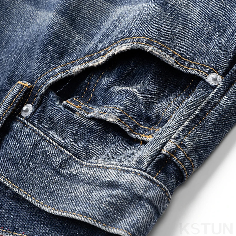 Hip hop jeans mens ripped jeans mens pants retro blue Distressed Straight Fit Hollow Holes Frayed Male Denim Trouser 241203