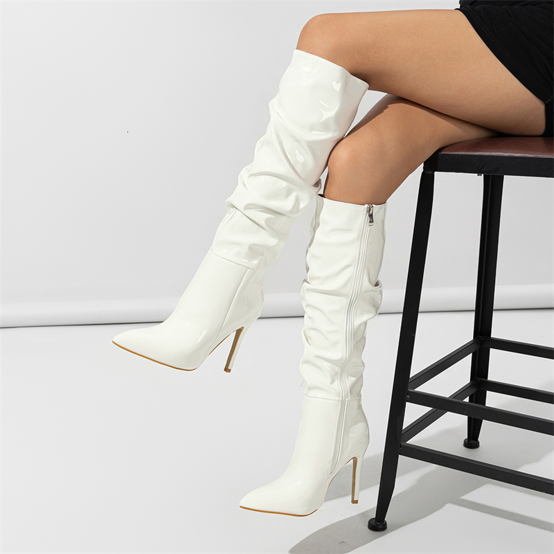 Eilyken Sexy Patent Leather Thin Heels Women Knee High Boots Pointed Toe Zipper Ladies Long Female Shoes Atos Mujer