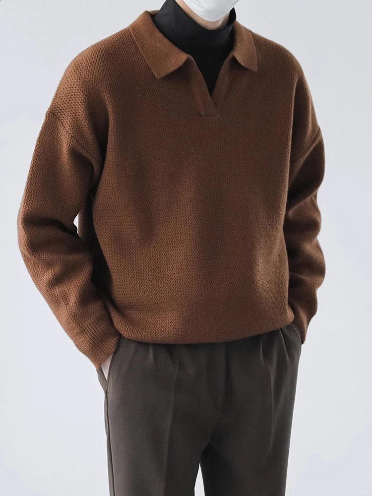 mens collar sweater autumn long sleeved solid color knitted polo shirt mens retro skydiving top streetwear sweater 241203