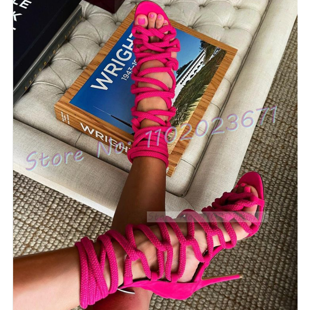 White Gladiator Rope Women Trends High Heels Cross Tied Open Toe Shoes Female Summer Outfit Lace-Up Roman Dress Sandals
