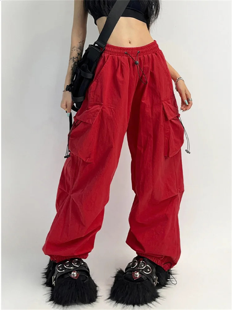 Deeptown Cyber Y2K Red Parachute Pants Womens K-pop Street Clothing Grey Cargo Voyeur Overweight Egirl Punk Black Wide Legs Pantalones Z260314