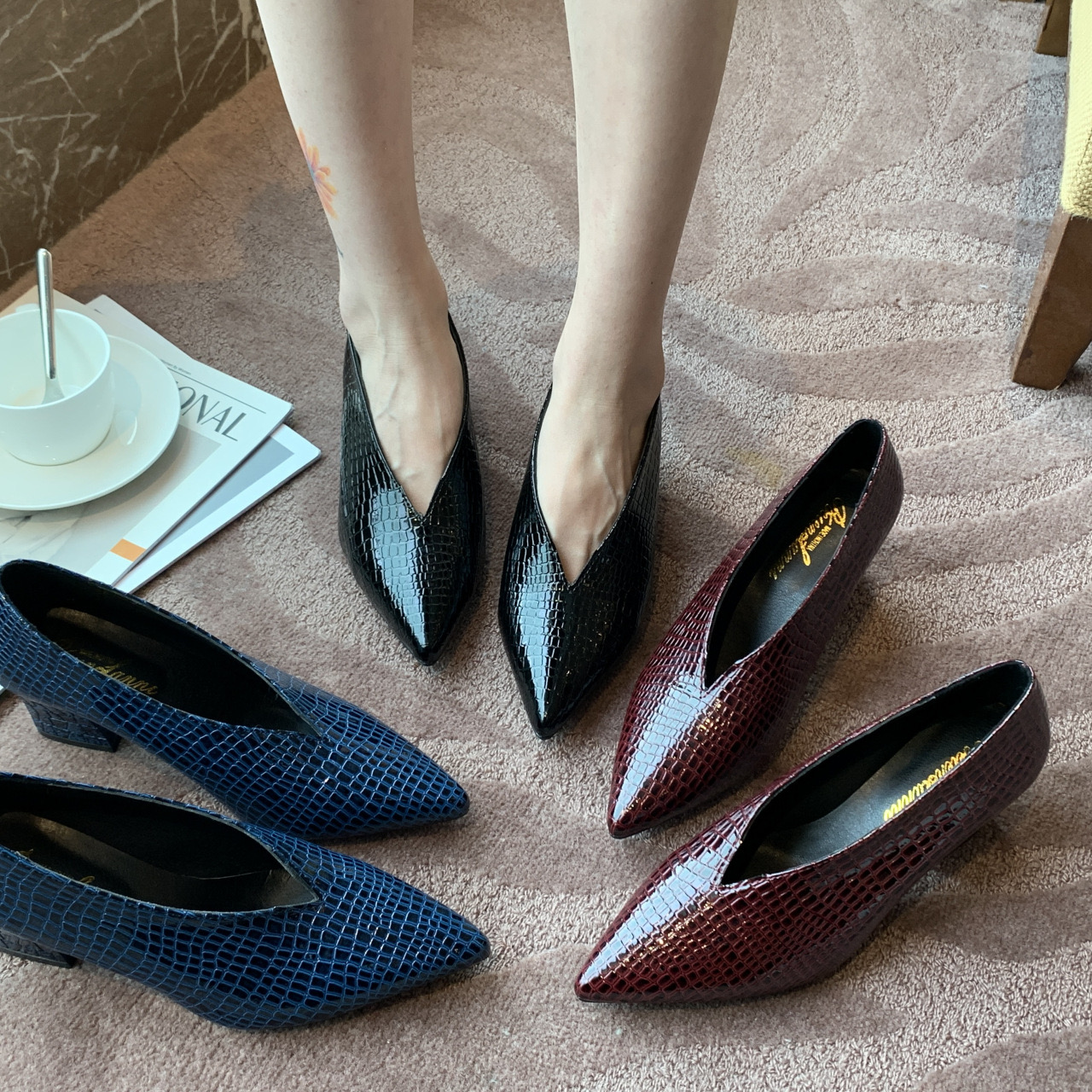Dress Pointy V-neck Patent-leather Women High Heels New Spring Versatile Retro Chunky Single Shoes atos De Mujer Black 230403