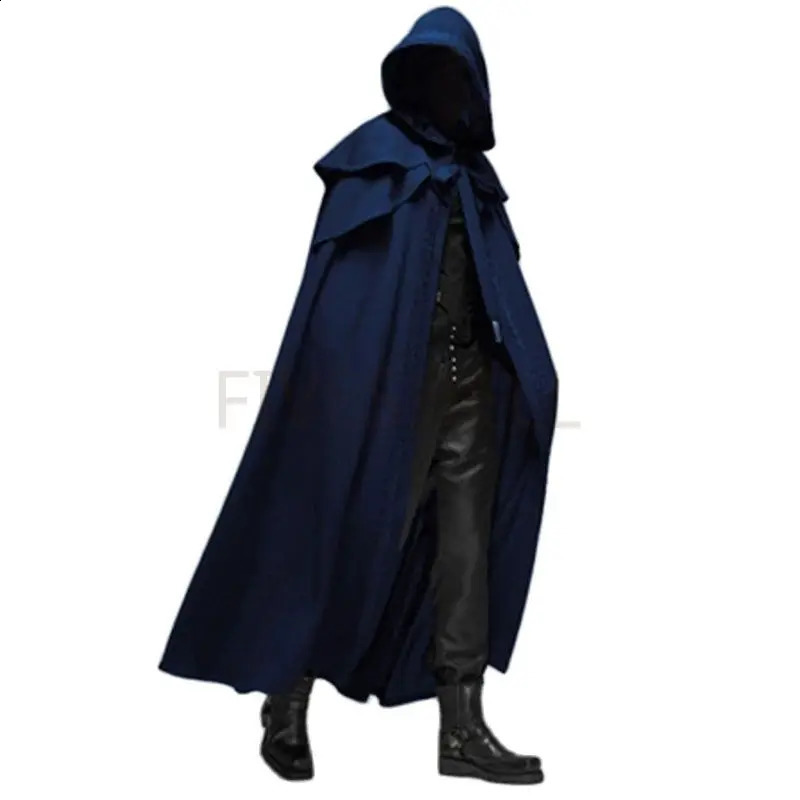 Medieval retro hooded loose black cape jacket windproof trench chic winter long horned raincoat Gothic male monk Halloween role-playing 241203