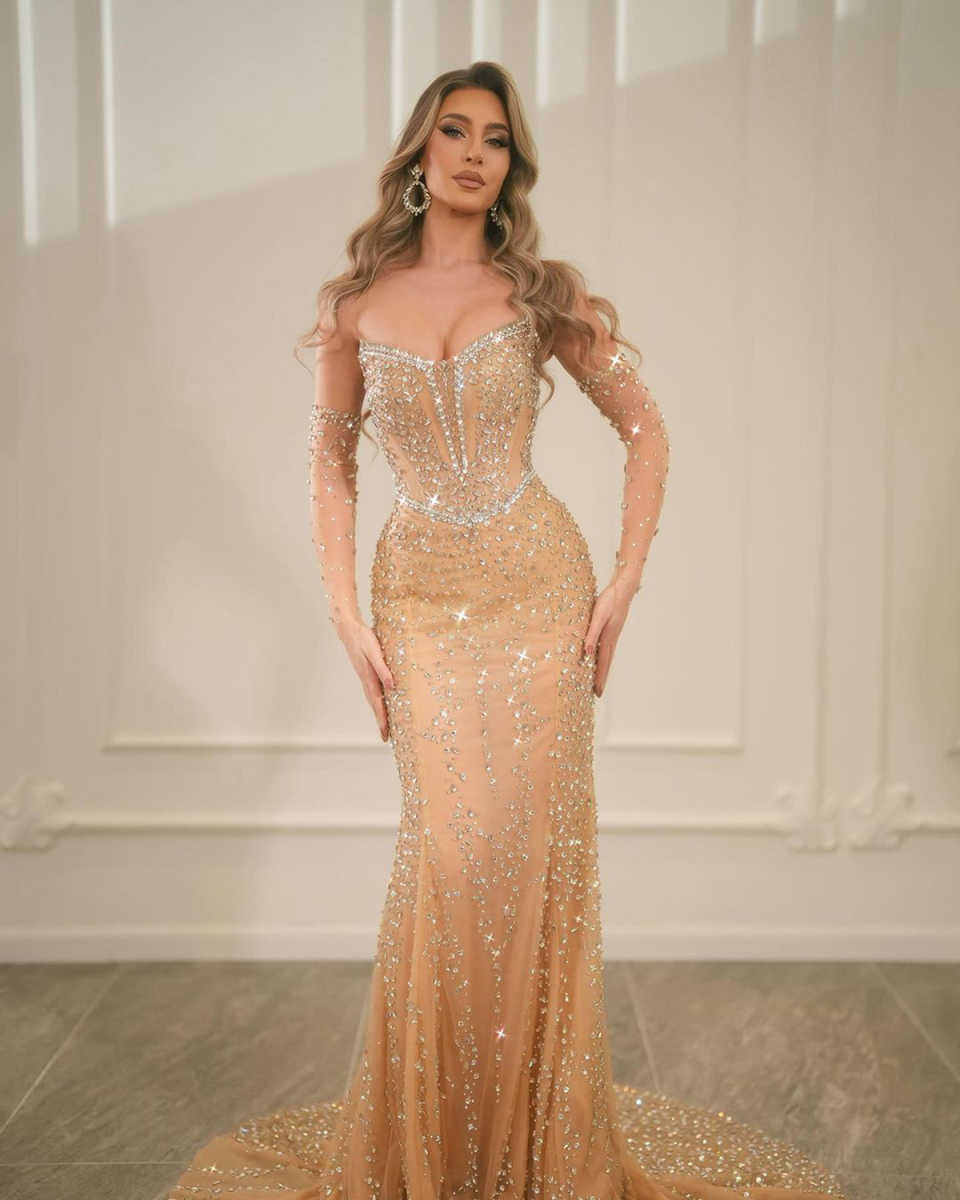 Mermaid Evening Dresses For Women Sweetheart Removable Sleeves Gown Crystal Sweep Train Customized Dress Party Prom