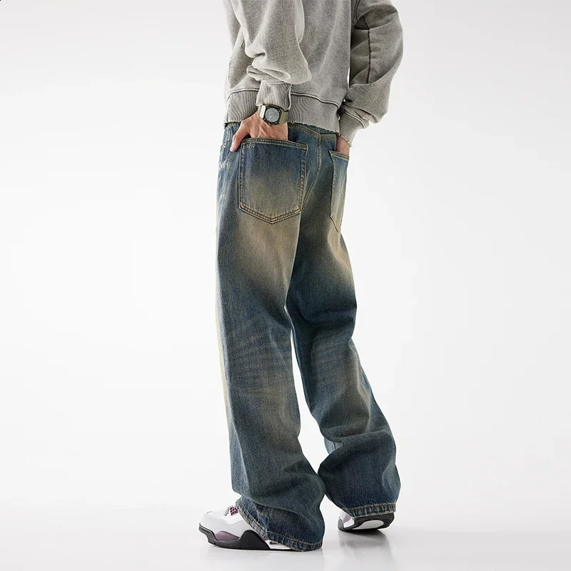 Young Mens Loose Jeans Street Hip Hop Baggy Wide Leg 100% Cotton Pants Y2k Pop Pants Harajuku Style Tear Jeans 241203