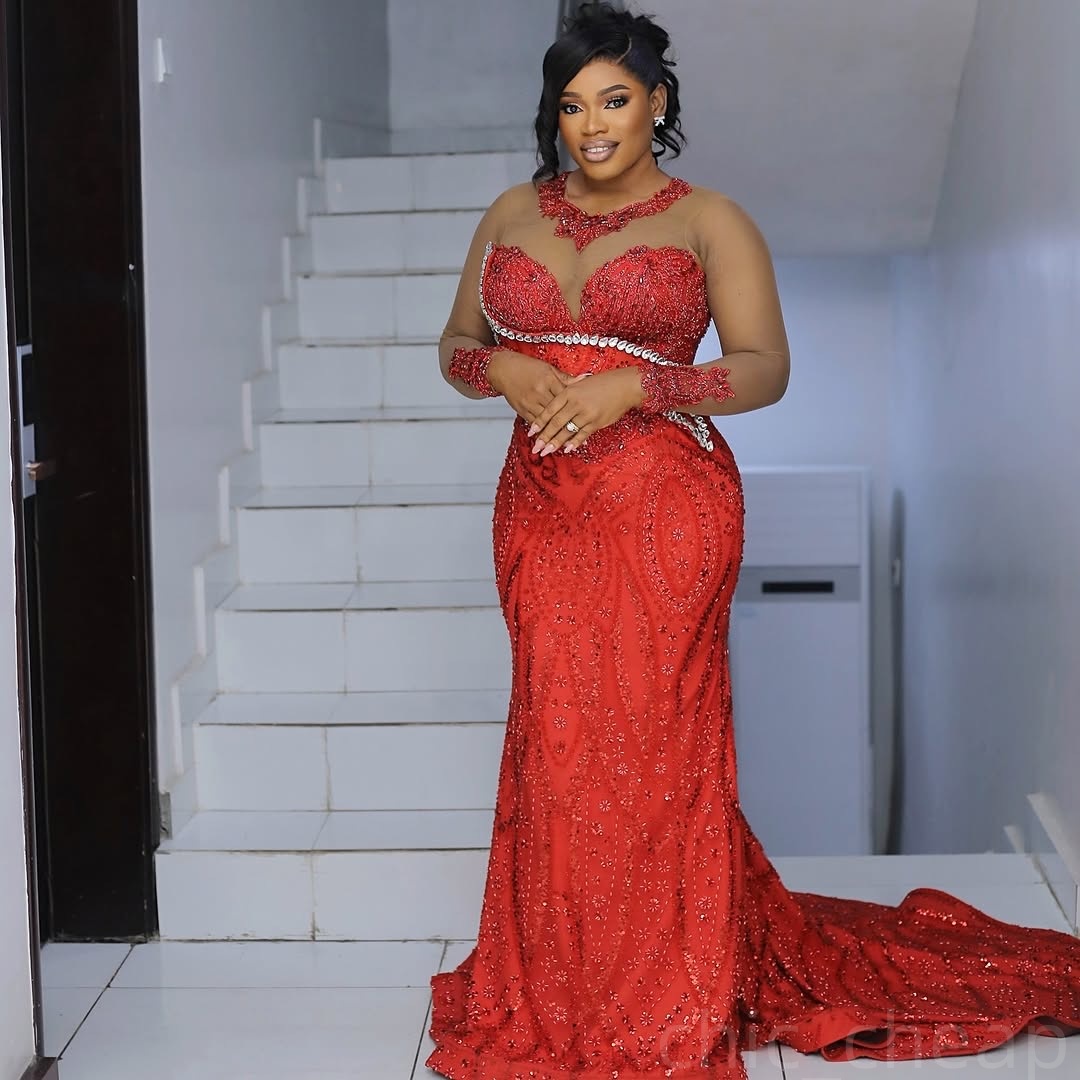 Red Mermaid Prom Dresses 2024 Rhinestones Full Sleeves Sequined Evening Formal Party Second Birthday Engagement Gowns Plus Size Dress For Special Occa
